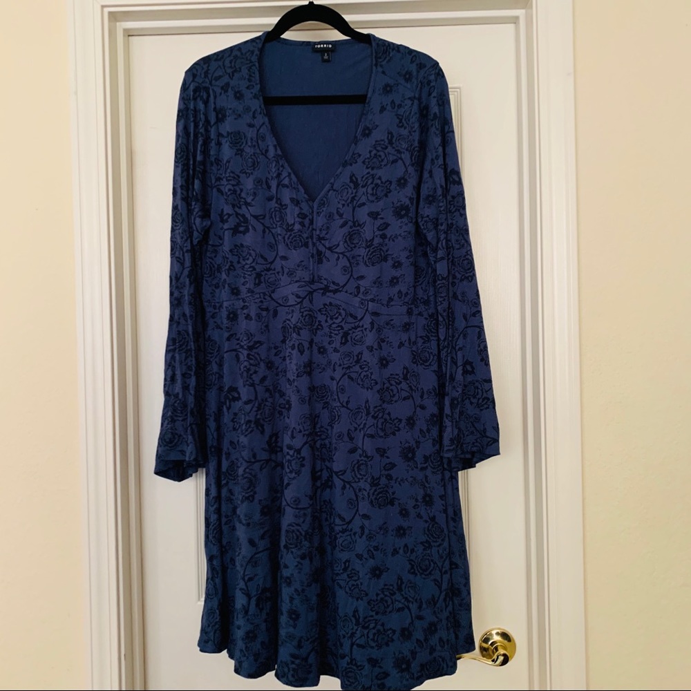 Torrid Blue Floral Fit n Flare Bell Sleeve Dress